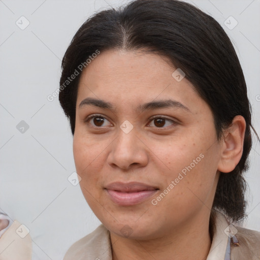 Joyful white adult female with medium  brown hair and brown eyes