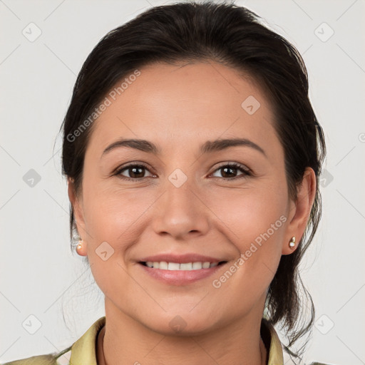 Joyful white young-adult female with medium  brown hair and brown eyes