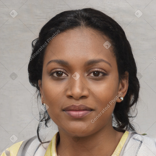 Joyful black young-adult female with medium  black hair and brown eyes