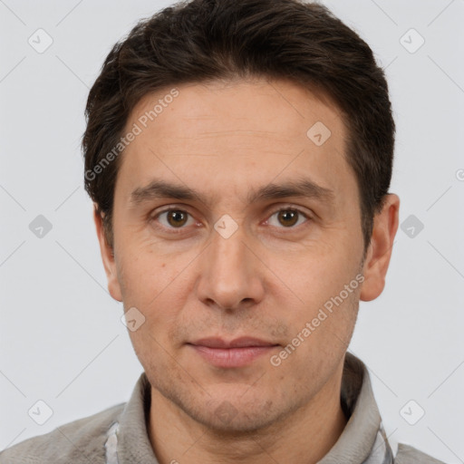 Neutral white adult male with short  brown hair and brown eyes