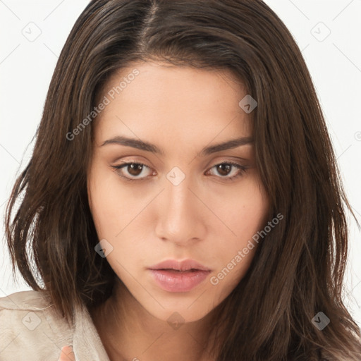 Neutral white young-adult female with long  brown hair and brown eyes