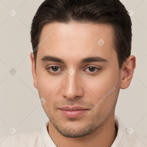 Neutral white young-adult male with short  brown hair and brown eyes