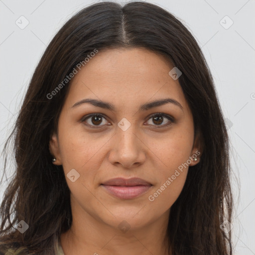 Joyful latino young-adult female with long  brown hair and brown eyes