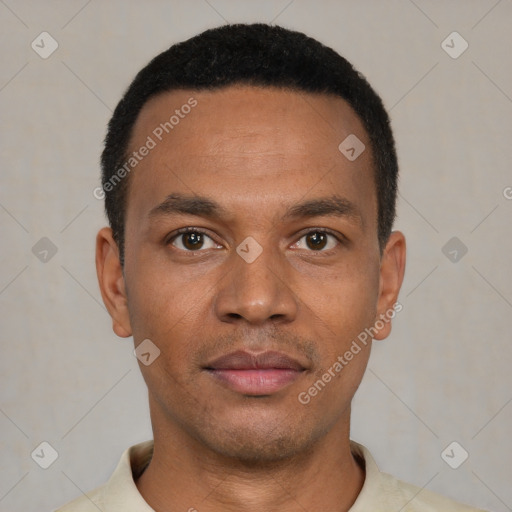 Neutral latino young-adult male with short  black hair and brown eyes