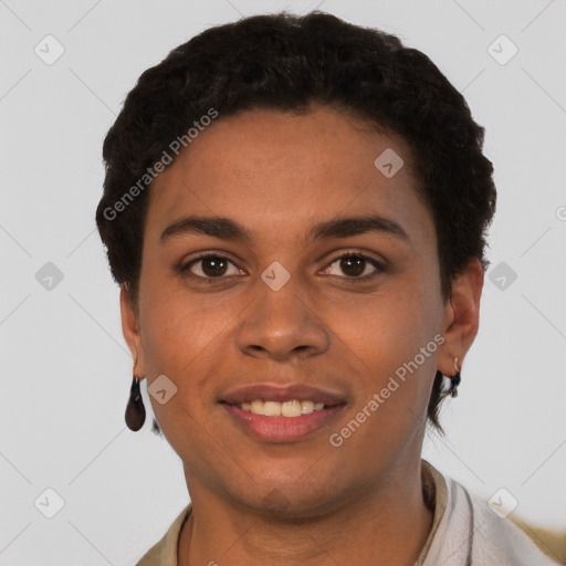 Joyful latino young-adult female with short  brown hair and brown eyes