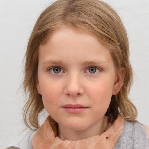 Neutral white child female with medium  brown hair and blue eyes