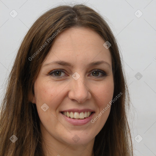 Joyful white young-adult female with long  brown hair and grey eyes