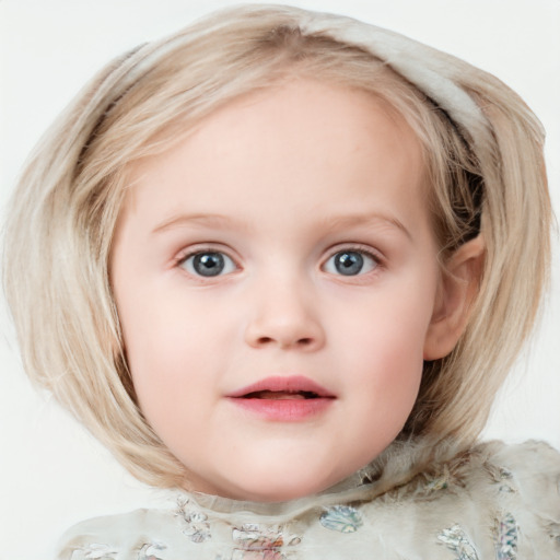 Neutral white child female with medium  blond hair and blue eyes