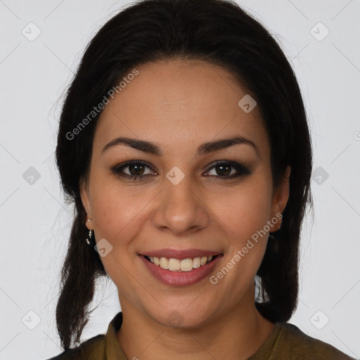 Joyful white young-adult female with long  brown hair and brown eyes