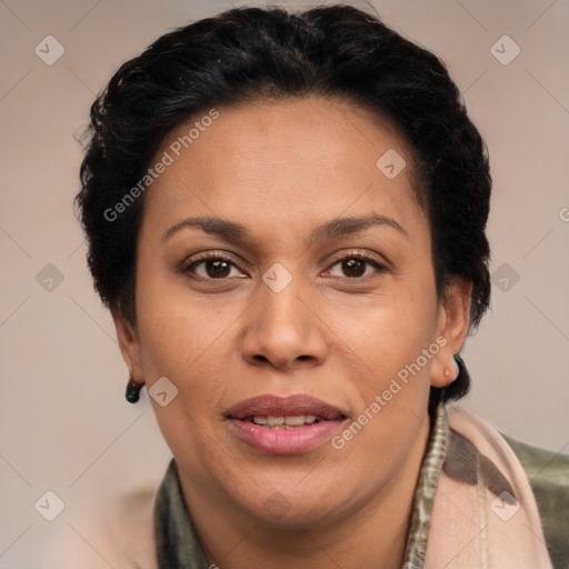 Joyful latino adult female with short  brown hair and brown eyes