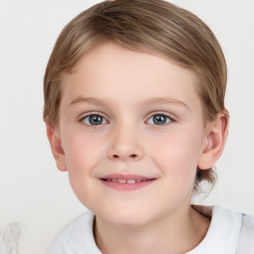 Joyful white child female with medium  brown hair and blue eyes