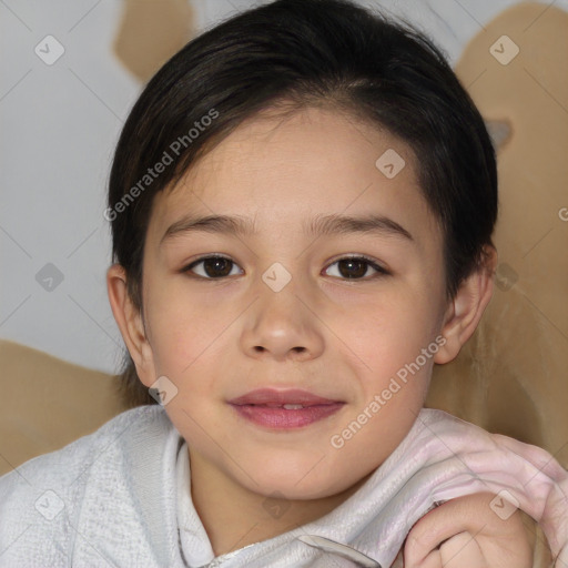 Joyful white child female with medium  brown hair and brown eyes