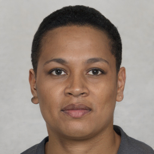 Neutral black young-adult female with short  brown hair and brown eyes