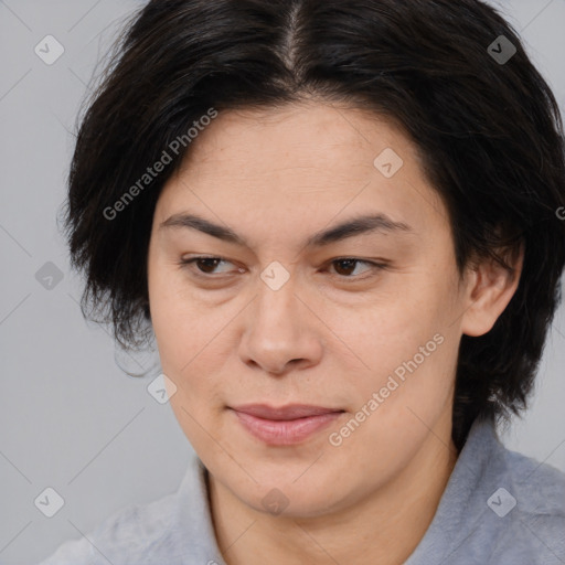 Joyful white adult female with medium  brown hair and brown eyes