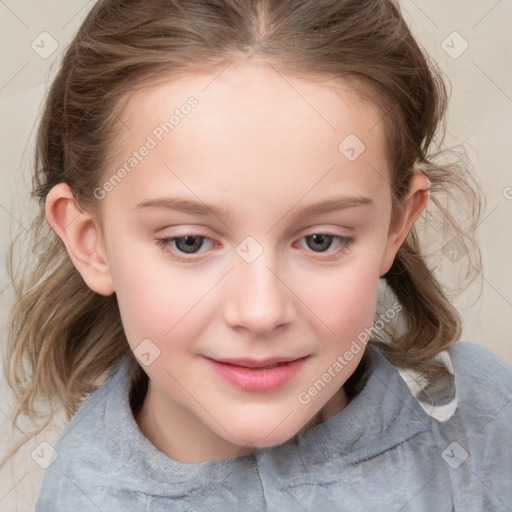 Joyful white child female with medium  brown hair and grey eyes