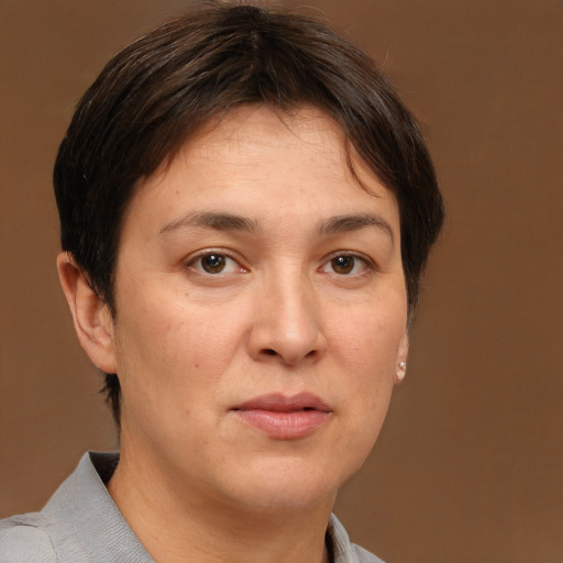 Neutral white adult female with short  brown hair and brown eyes