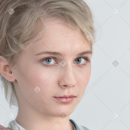 Neutral white young-adult female with medium  brown hair and blue eyes