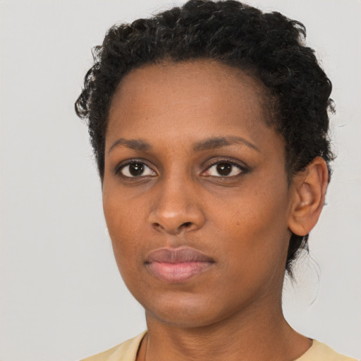 Neutral black young-adult female with short  black hair and brown eyes