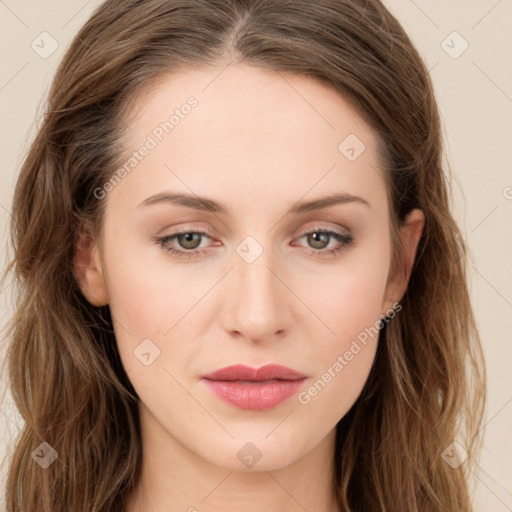 Joyful white young-adult female with long  brown hair and green eyes