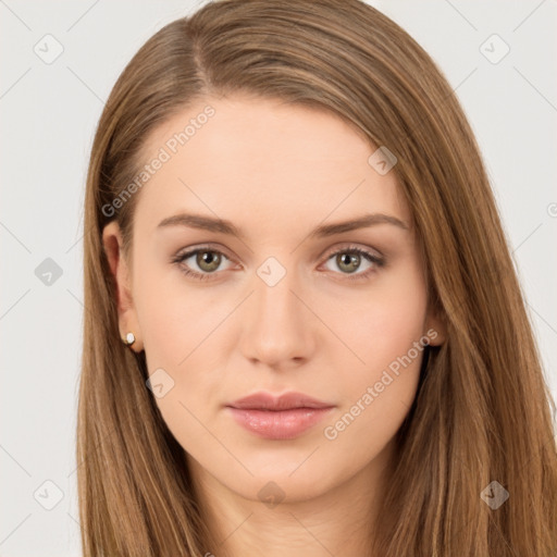 Neutral white young-adult female with long  brown hair and brown eyes