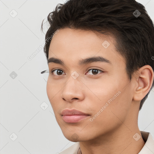 Neutral white young-adult male with short  brown hair and brown eyes