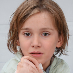 Neutral white child female with medium  brown hair and blue eyes