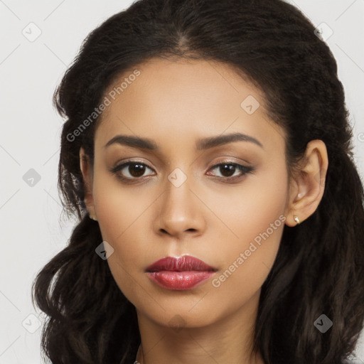 Neutral latino young-adult female with long  brown hair and brown eyes