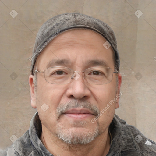 Joyful white middle-aged male with short  brown hair and brown eyes