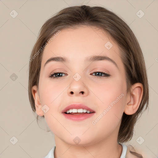 Joyful white child female with medium  brown hair and brown eyes