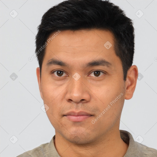 Neutral asian young-adult male with short  black hair and brown eyes