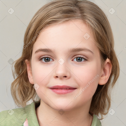 Joyful white child female with medium  brown hair and grey eyes