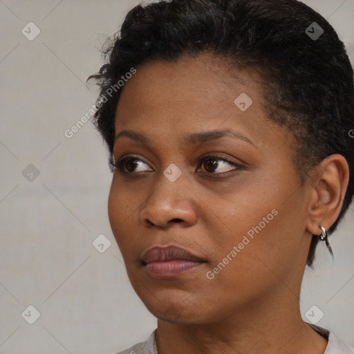 Neutral black young-adult female with short  black hair and brown eyes