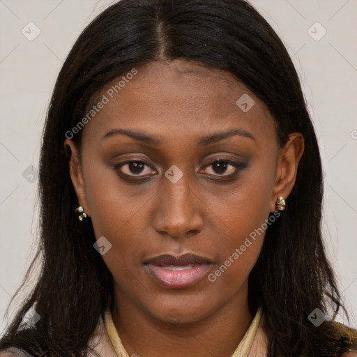 Neutral black young-adult female with long  brown hair and brown eyes