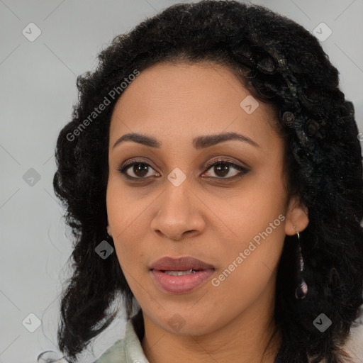 Joyful latino young-adult female with long  brown hair and brown eyes