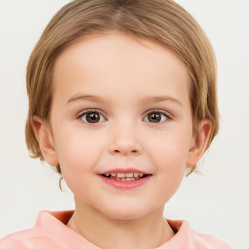 Joyful white child female with medium  brown hair and brown eyes