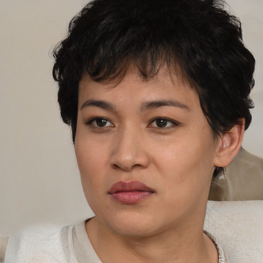 Neutral asian young-adult female with short  brown hair and brown eyes