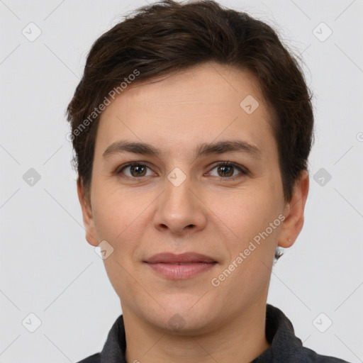 Joyful white young-adult female with short  brown hair and brown eyes