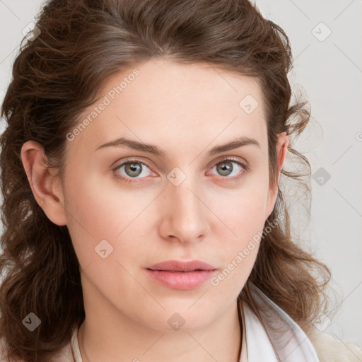 Neutral white young-adult female with medium  brown hair and blue eyes