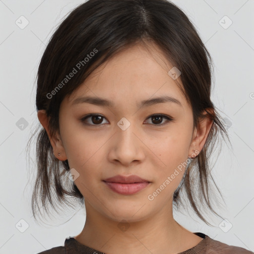 Neutral asian young-adult female with medium  brown hair and brown eyes