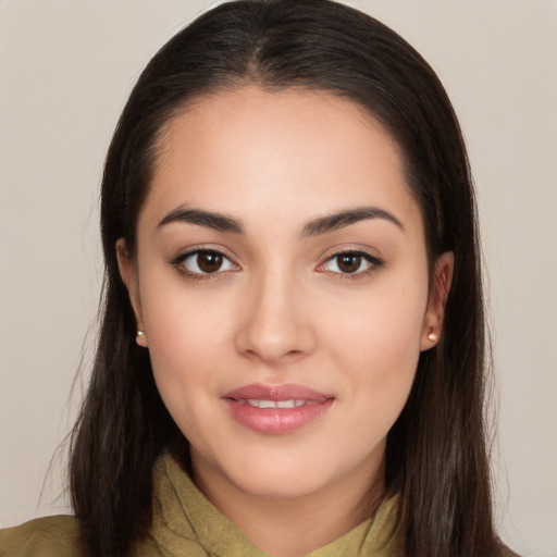 Joyful white young-adult female with long  brown hair and brown eyes