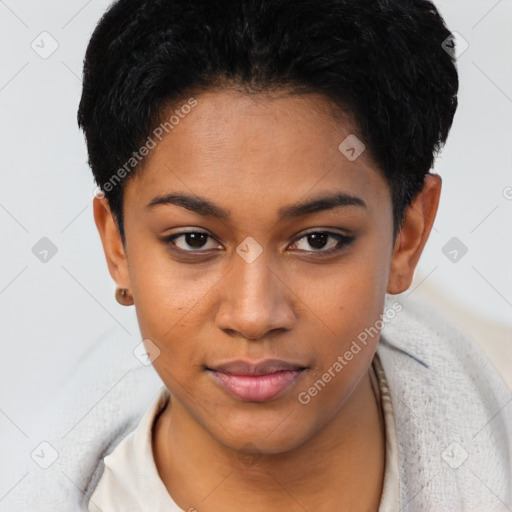 Joyful latino young-adult female with short  brown hair and brown eyes