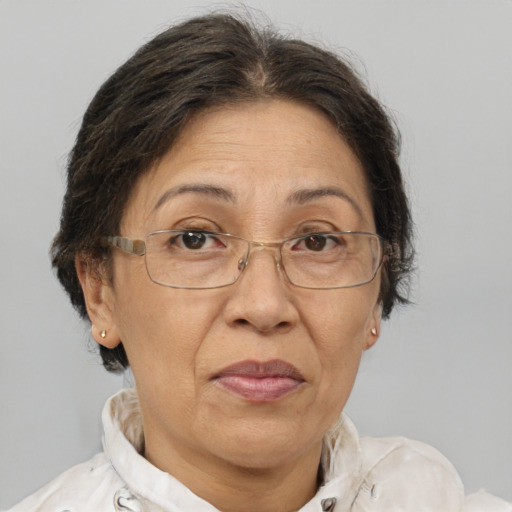 Joyful white middle-aged female with short  brown hair and brown eyes