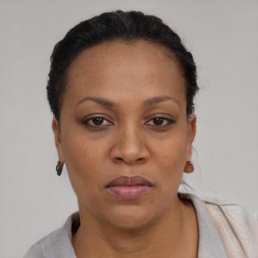Neutral black young-adult female with short  brown hair and brown eyes