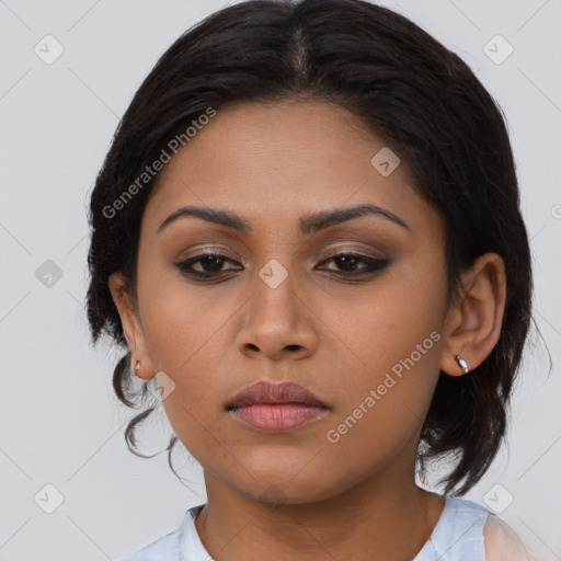 Neutral asian young-adult female with medium  brown hair and brown eyes