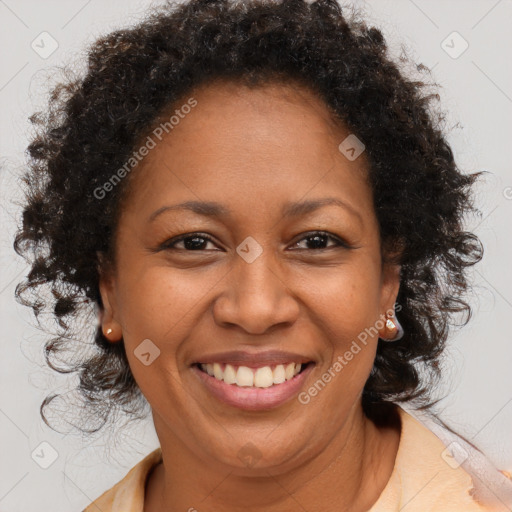 Joyful black adult female with medium  brown hair and brown eyes