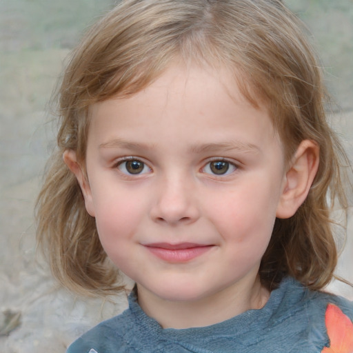 Joyful white child female with medium  brown hair and grey eyes