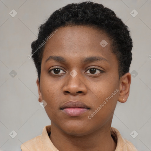 Neutral black young-adult female with short  brown hair and brown eyes