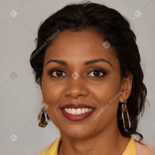 Joyful black young-adult female with medium  brown hair and brown eyes