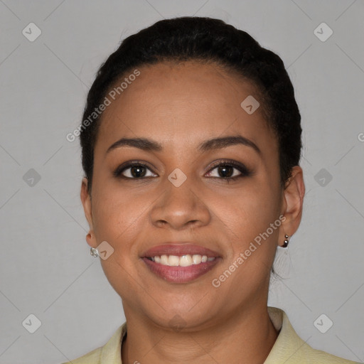 Joyful latino young-adult female with short  black hair and brown eyes