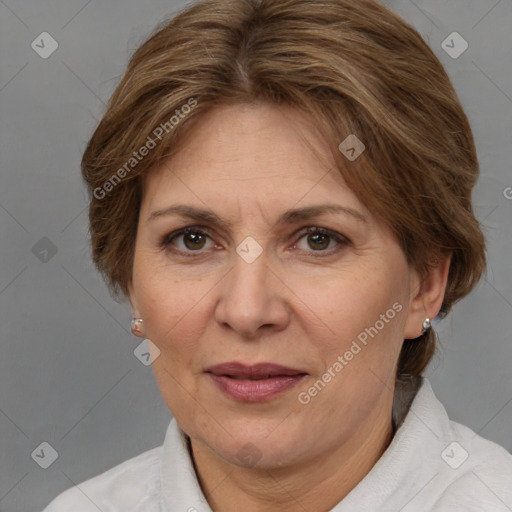 Joyful white adult female with medium  brown hair and brown eyes